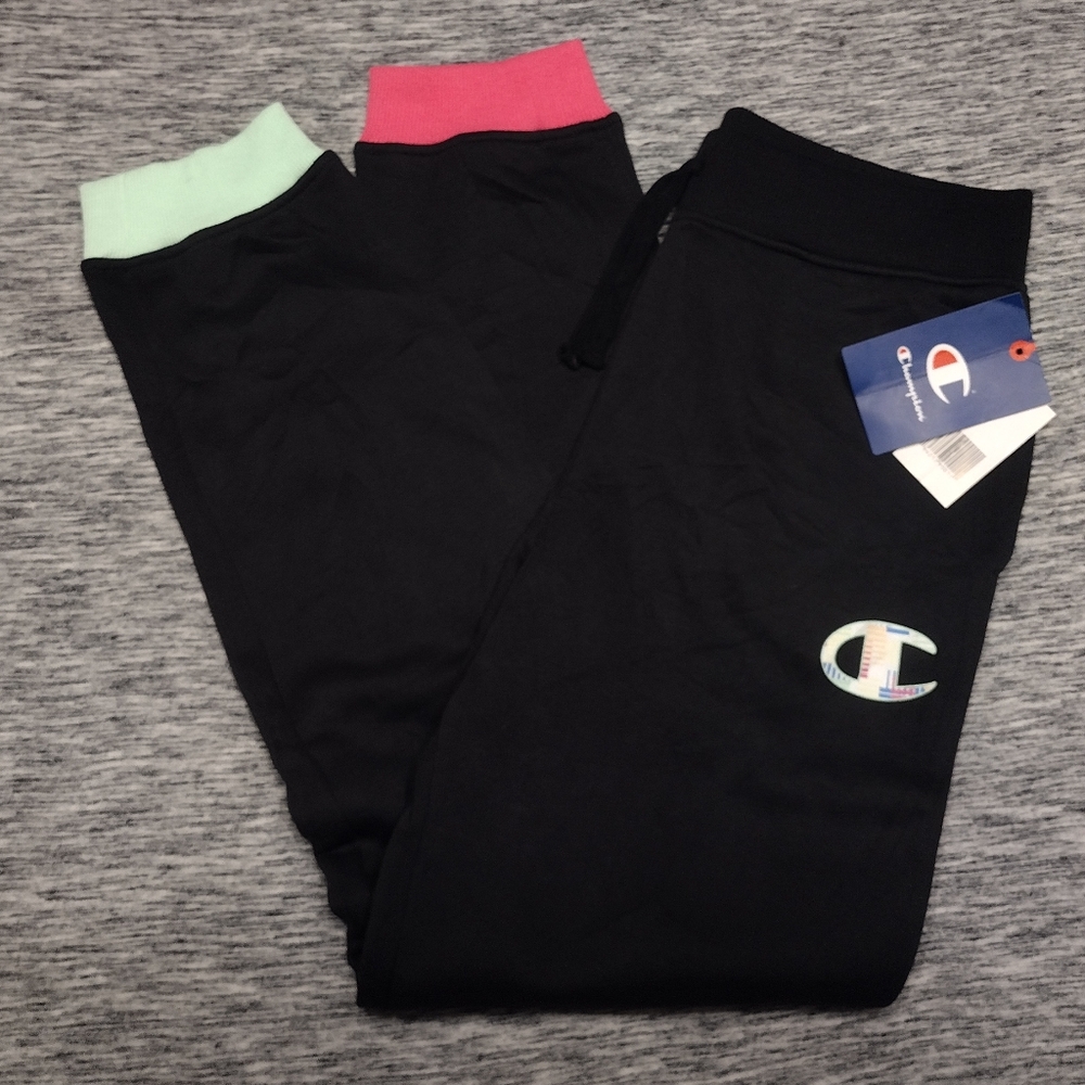 NWT Girls XL Champion Black Sweatpants W/ Mint & Pink Ankles